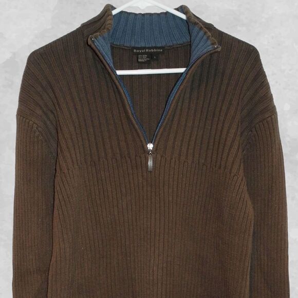 Royal Robbins Brown/Blue Half Zip Ribbed Cotton Sweater - Women's Large - Picture 1 of 5